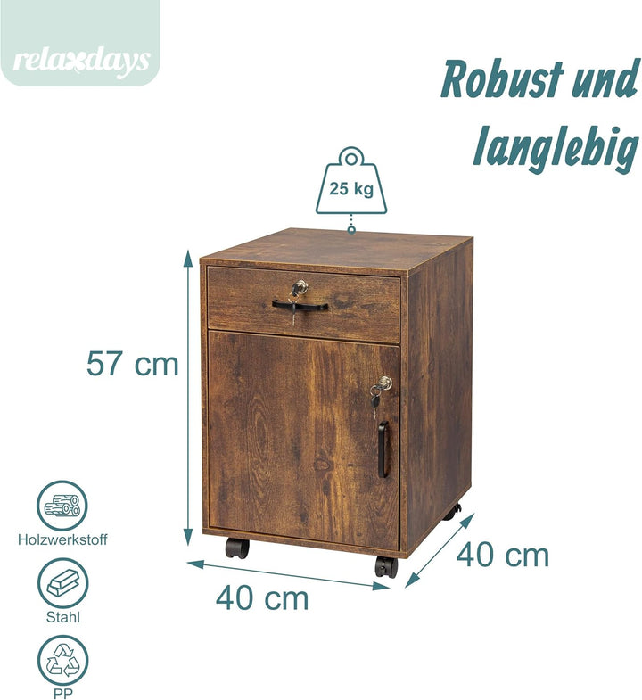 Relaxdays Rollcontainer, Schublade & Türfach, HBT: 57 x 40 x 40 cm, abschliessbar, Aktenschrank auf