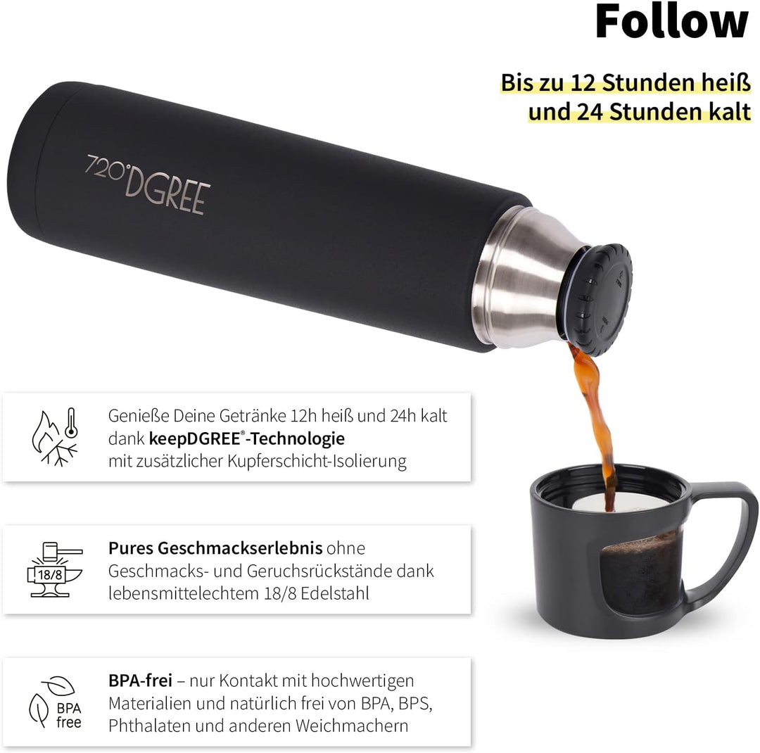 720°DGREE Thermoskanne mit Becher 700ml “Follow” - 3 Grössen, 12h Heiss, 24h Kalt, Auslaufsicher, BP