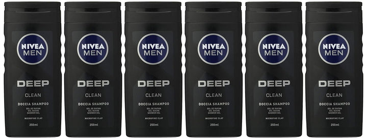 NIVEA MEN Deep Clean Dusche Shampoo im 6er Pack x 250 ml, Herren Schaumbad für Körper, Gesicht und H