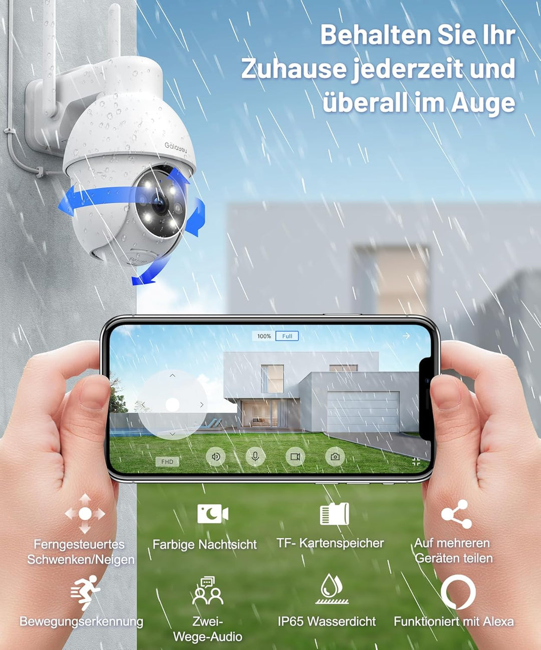 2K Überwachungskamera Aussen,GALAYOU PTZ Outdoor WLAN IP Kamera überwachung aussen, WiFi Dome Camera