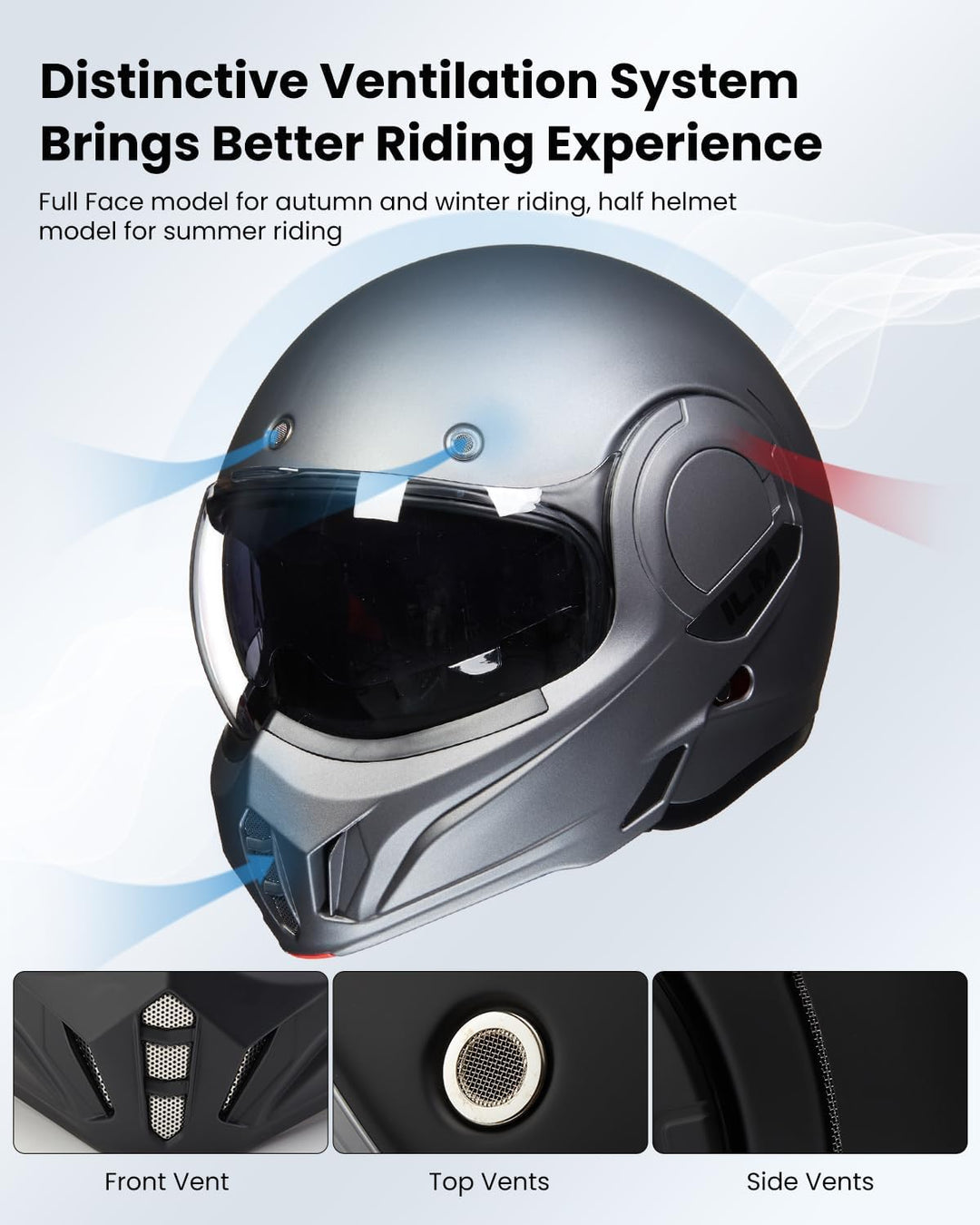 ILM Motorradhelm Integralhelm Klapphelm Fullface Helm Herren Damen ATV UTV mit 180° Umkehrbarer Kinn