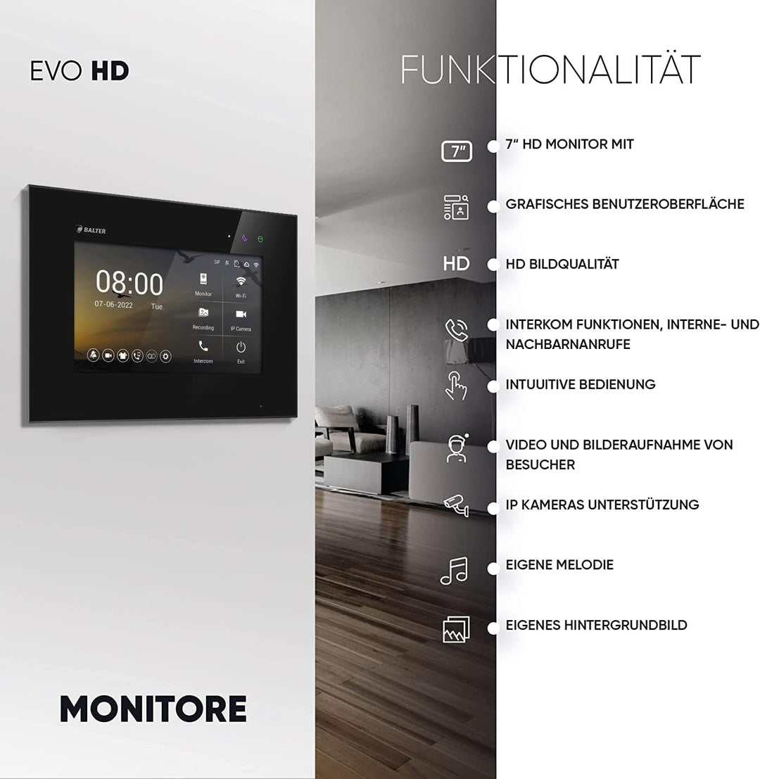 Balter EVO-HD Video Türsprechanlage, Video Türklingel, Smartphone App, 1 Familienhaus Klingel, 4X 7