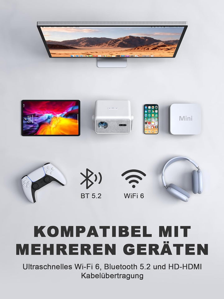 Smart Mini Beamer 4k [Offiziell Lizenzierter APP ] VISSPL 3000ANSI 4K Heimkino & Outdoor Beamer, Aut