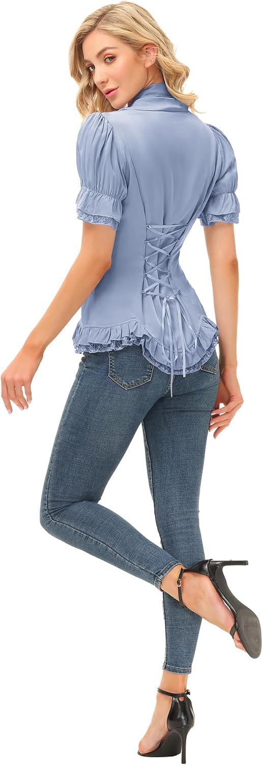 SCARLET DARKNESS Damen Rüschenbluse Mittelalter Spitzen Shirt Gothic Bluse für Party Oberteil Hellbl