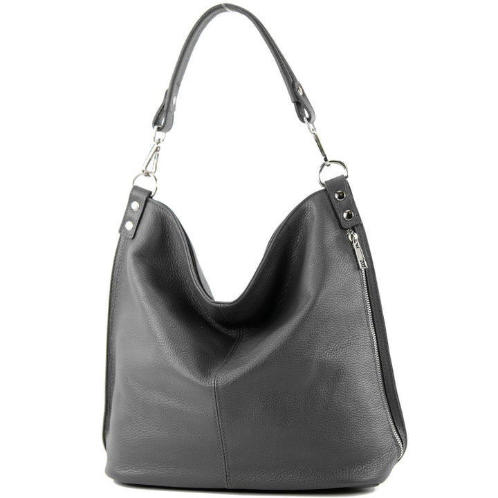 modamoda de - T177 - ital. Damen Schultertasche aus Leder Graphitgrau, Graphitgrau