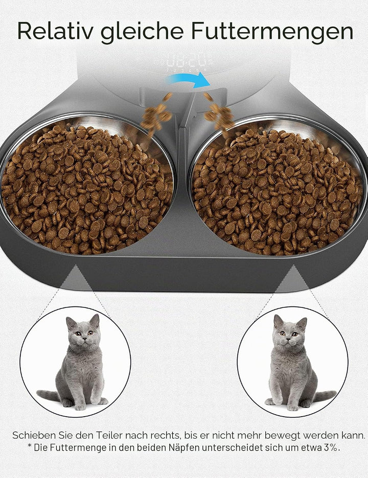 PETLIBRO Haustiernahrung Splitter mit Edelstahlnäpfen, Automatischer Katzenfutterspender für Zwei Ka