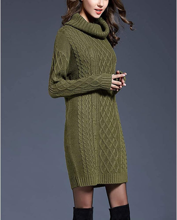 Damen Strickkleider Langarm Rollkragen PulloverKleid Pullikleid Einfarbig Minikleid Casual Lose Wick