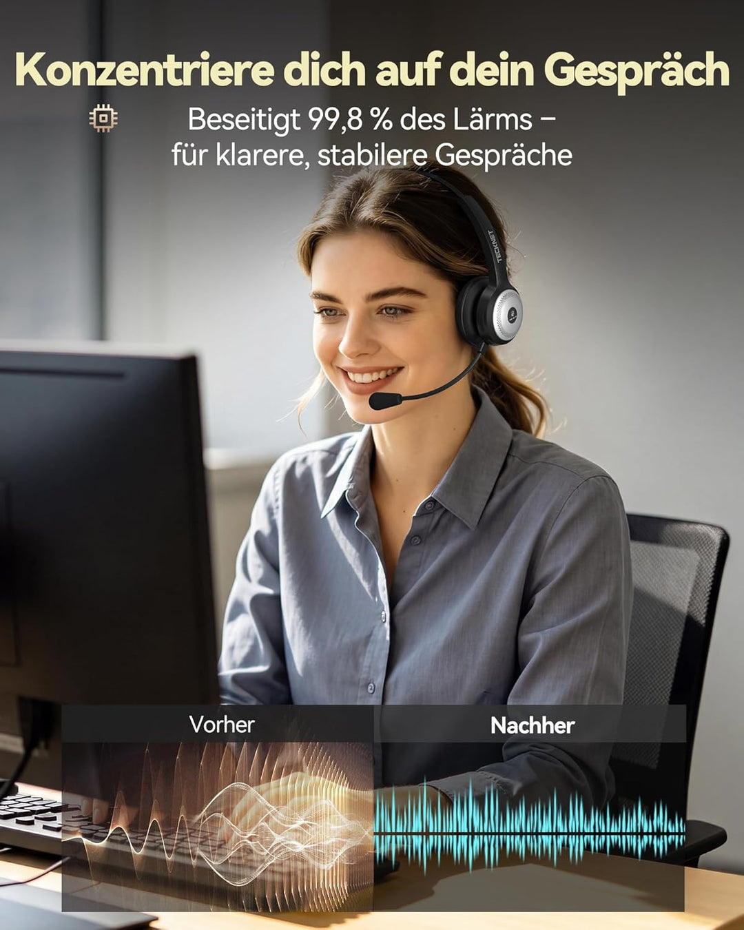 TECKNET Bluetooth Headset mit Mikrofon, PC Headset mit AI Rauschunterdrückung, kabelloses Headset mi
