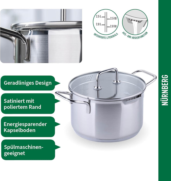 Fackelmann Chefkoch Kochtopf mit Glasdeckel Ø20cm &amp; 3.6L Nürnberg – Aus Premium Edelstahl mit Alumin