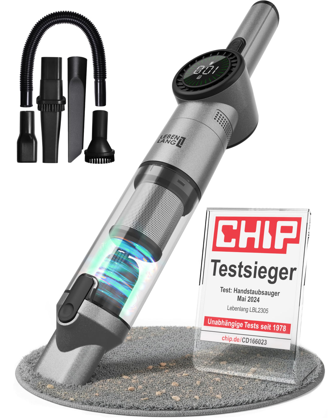 LEBENLANG Kabelloser Handstaubsauger Akku 17000PA I TESTSIEGER I Inkl. Starker LI-Akku & Standhalter
