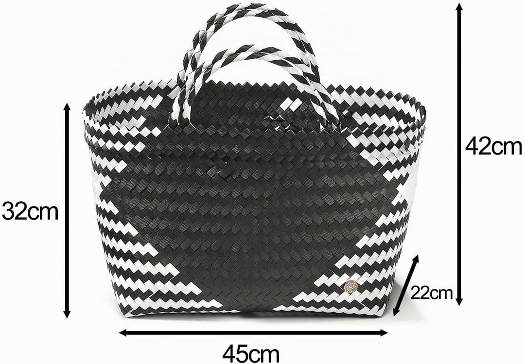 Kobolo Tasche Einkaufskorb geflochten Kunststoff Shopper - ROM XXL - schwarz weiss