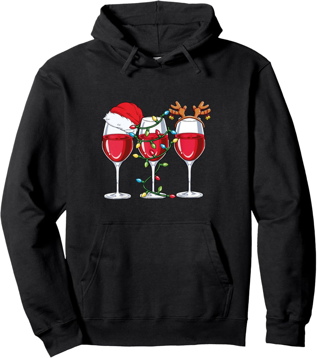 Weihnachts-Weingläser mit Weihnachtsmannmütze, Weihnachtsbeleuchtung Pullover Hoodie