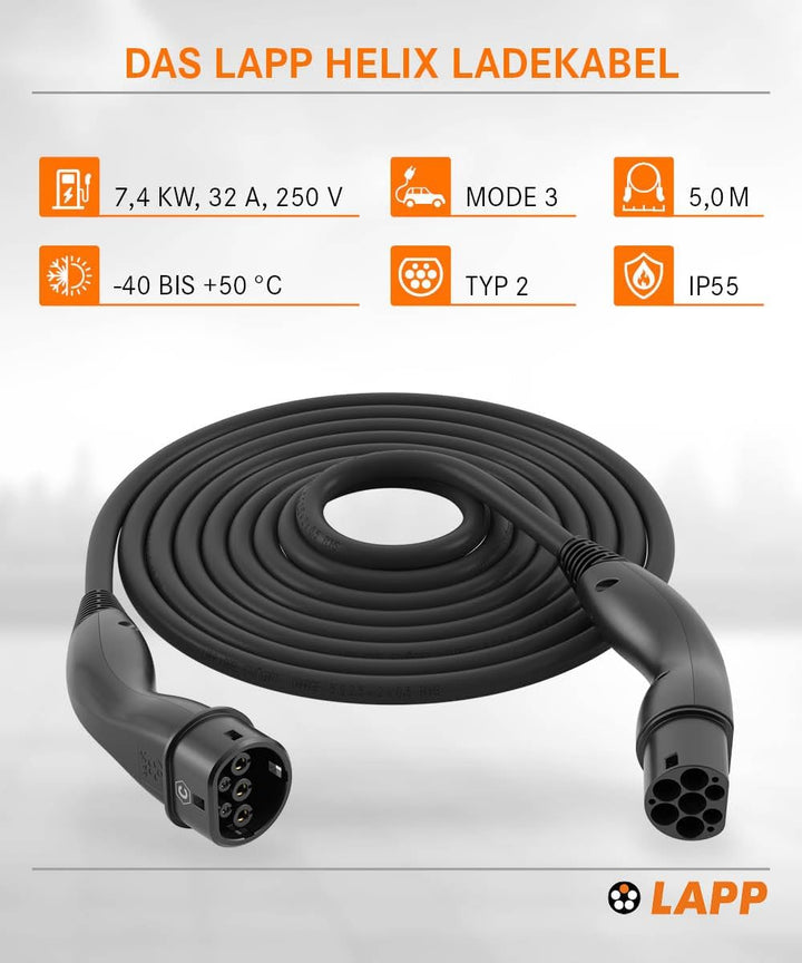 LAPP MOBILITY Helix Typ 2 Ladekabel 7,4 kW/Selbstaufrollend / 32 A / 1-Phasig/E-Auto Ladekabel/Mode