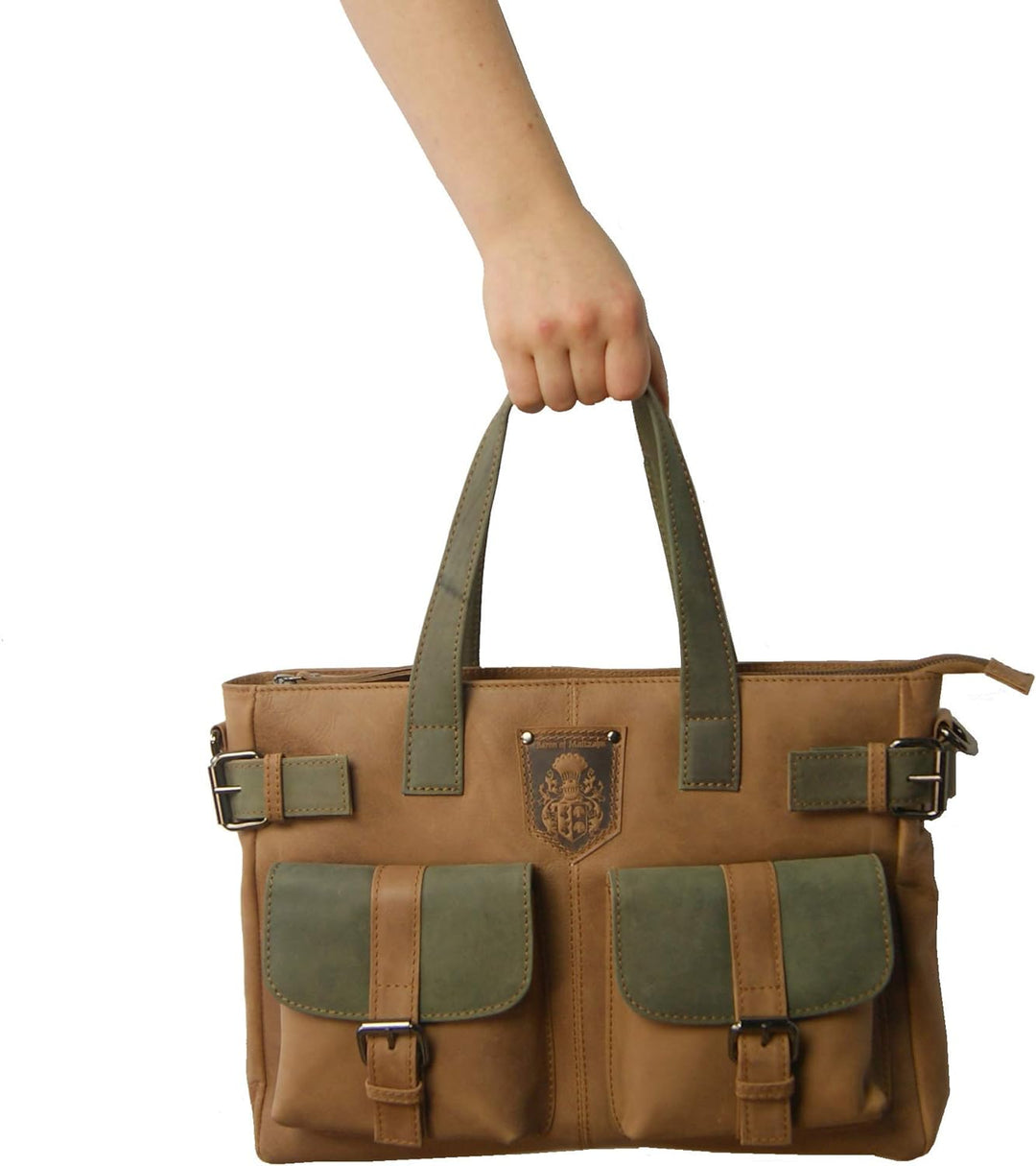 BARON of MALTZAHN Citybag Schultertasche CHAGALL aus oliv-braunem Leder, incl. Lederpflege