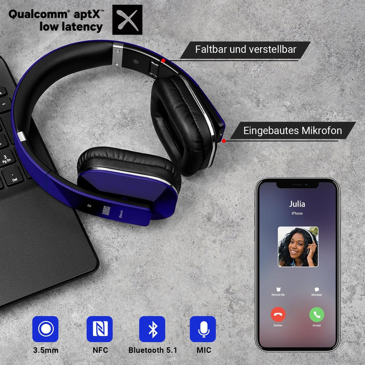 August EP650 - Bluetooth Kopfhörer v4.2 NFC mit aptX Low Latency - Stereo Over Ear Headphones Audio