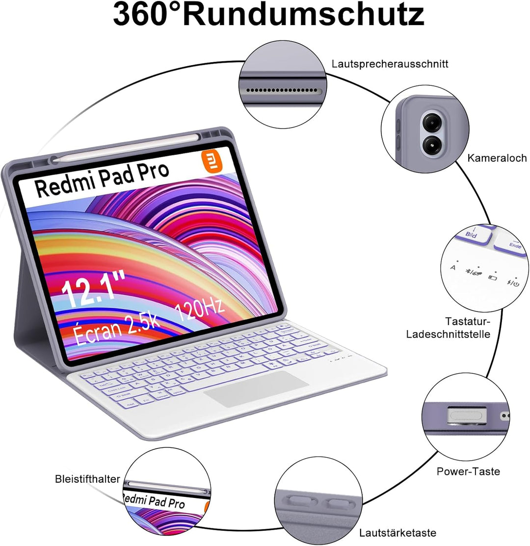 Xiaomi Redmi Pad Pro 12.1 Tastatur Hülle - Xiaomi Pad Poco 12.1 Zoll 2024, Multi Touch Trackpad, 7 F