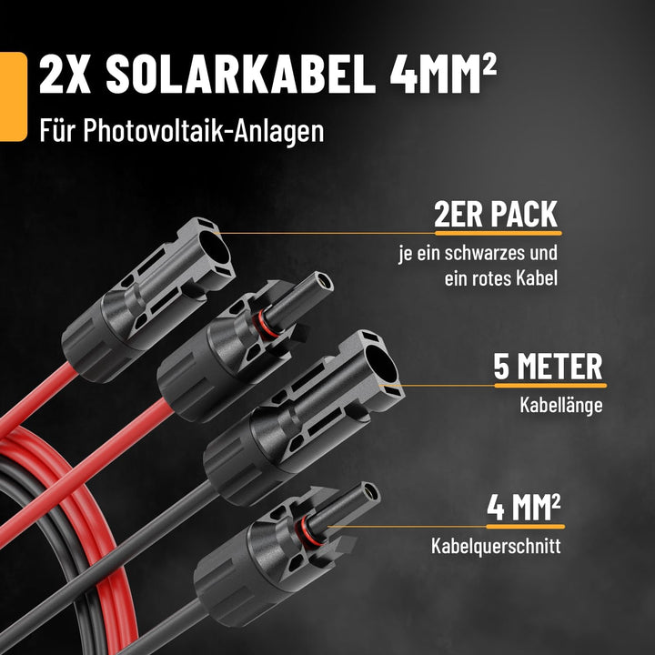 2X 5 Meter Solarkabel 4mm2 H1Z2Z2-K schwarz & rot von ABSINA - PV Kabel UV-beständig - Photovoltaik