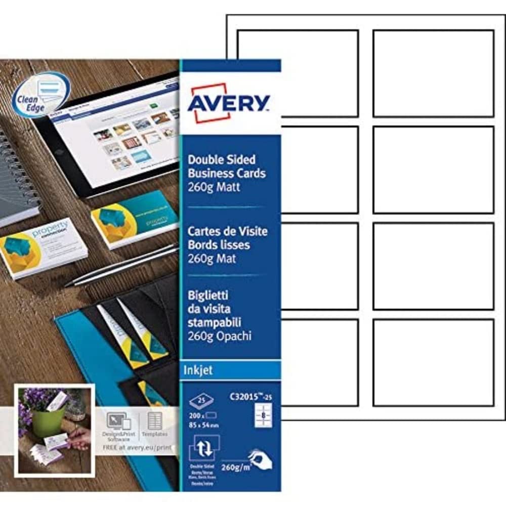 Visitenkarten Avery 85x54mm 260gr White 25 Blatt 8 Karten pro Blatt Einzelbett, Einzelbett