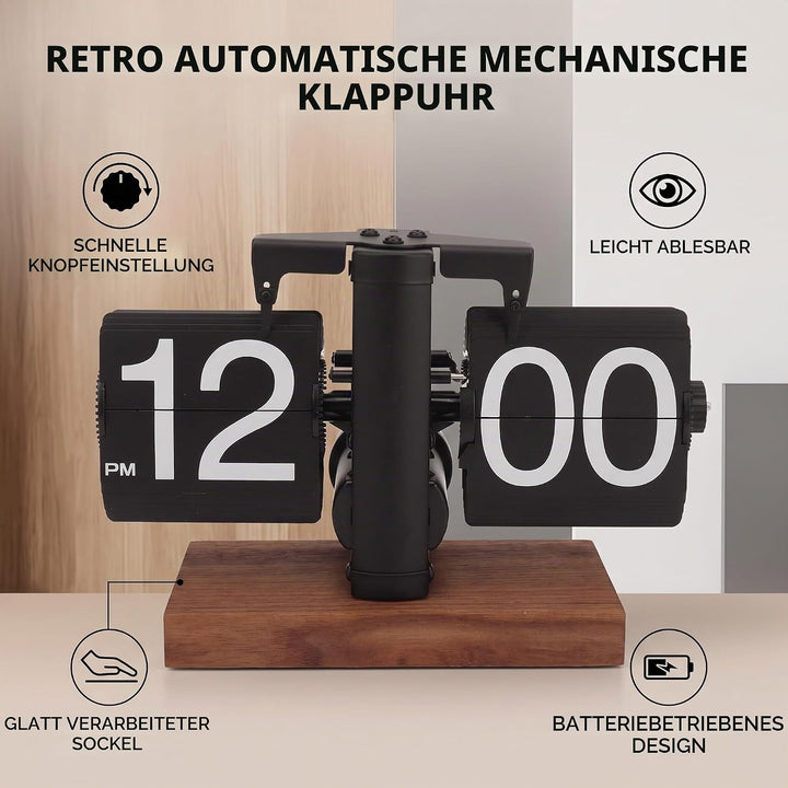 Ejoyous Retro Flip Clock, Grosse Zahlen, Einstellbarer Timer, Schwarznussmaterial, Luxusdesign, für