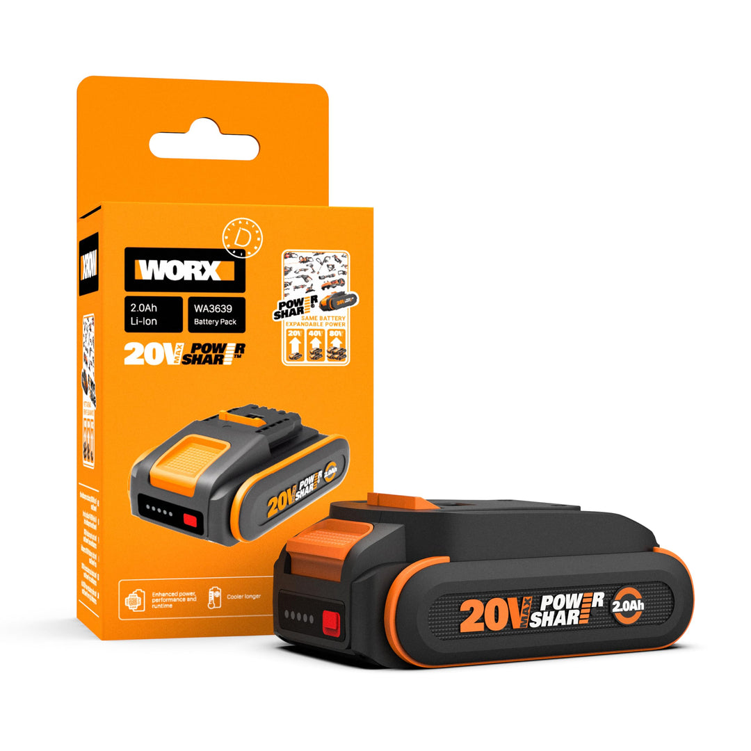 Original WORX WA3639 PowerShare Akku 20V - 2000mAh Li-Ion, wiederaufladbarer - kompakter Akku mit hö