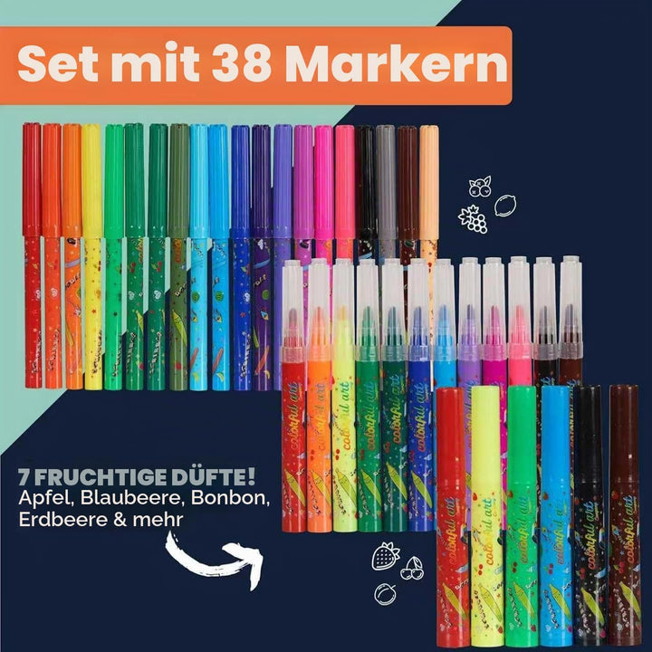 Duftstifte Set mit Mäppchen - Stifte Set für Kinder - Filzstifte mit Früchte Geruch - extra viel Pla