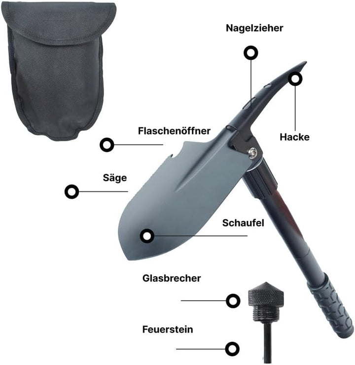 novaterra® Klappspaten 7in1 Multifunktionsspaten mit Säge &amp; Feuerstein Schwarz, Schwarz