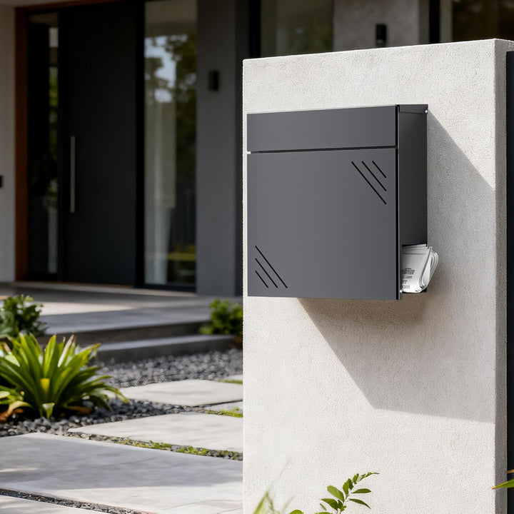Wiltec Briefkasten Anthrazit V63 aus Stahl 37 x 11 x 37 cm, Wandbriefkasten mit Zeitungsfach und Sch