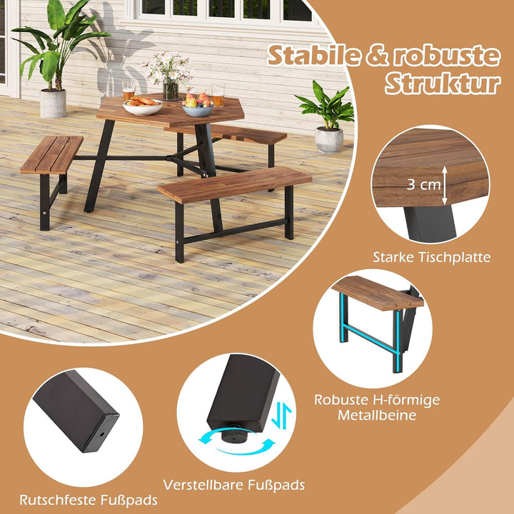 COSTWAY Picknicktisch Set für 6 Personen, Gartentisch aus Akazienholz mit Schirmloch &amp; 3 Bänken, Ter