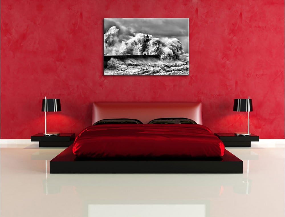 Pixxprint Monocrome, Leuchtturm im Sturm, Format: 100x70 auf Leinwand, 100x70