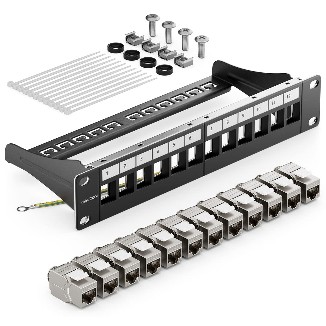 deleyCON 12 Port Patchpanel Set Patchfeld Modular 1 HE 10" Zoll Rackeinbau + 12x RJ45 Keystone Modul