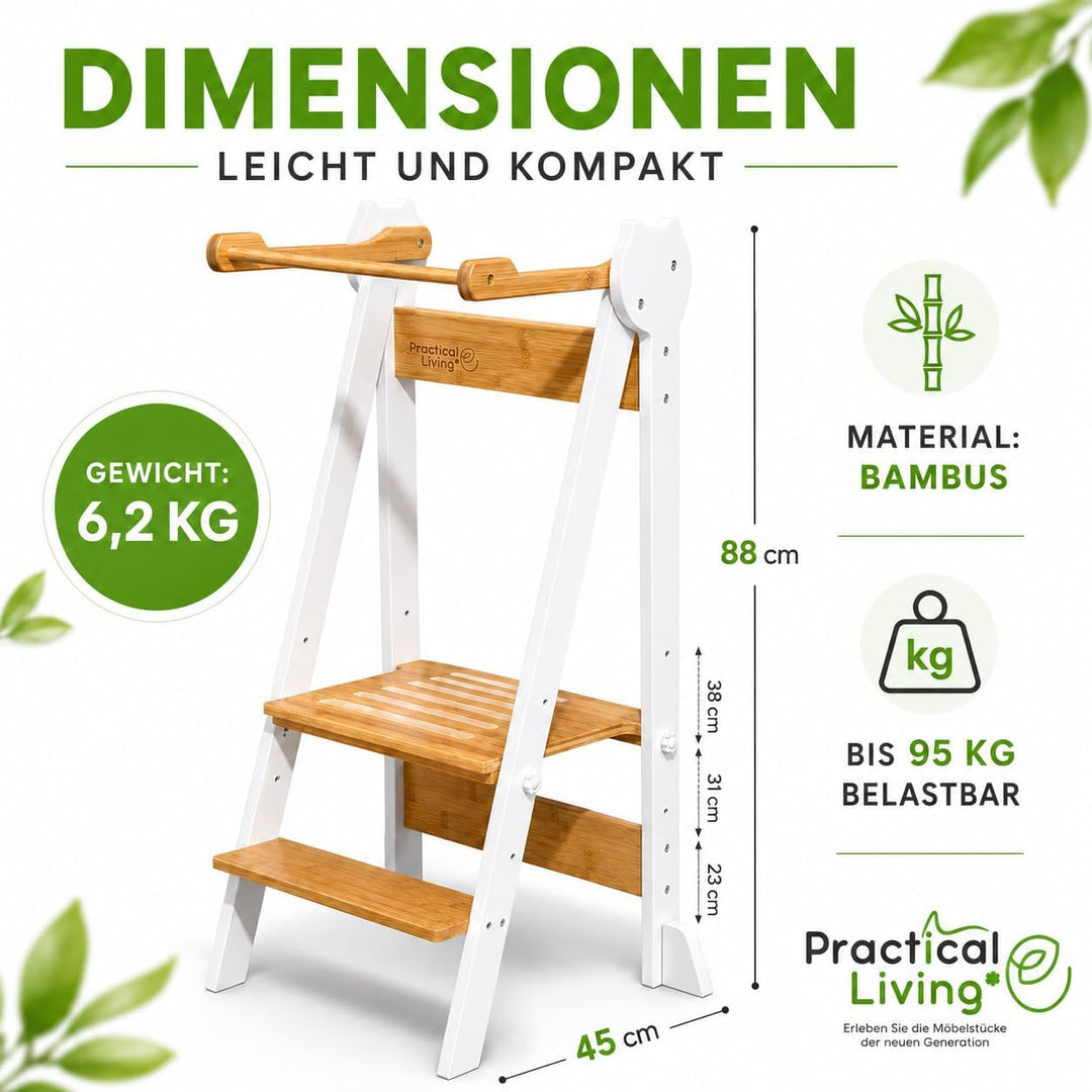 Lernturm Montessori Platzsparend und höhenverstellbar aus Bambus mit Kippschutz für Kinder ab 1 Jahr