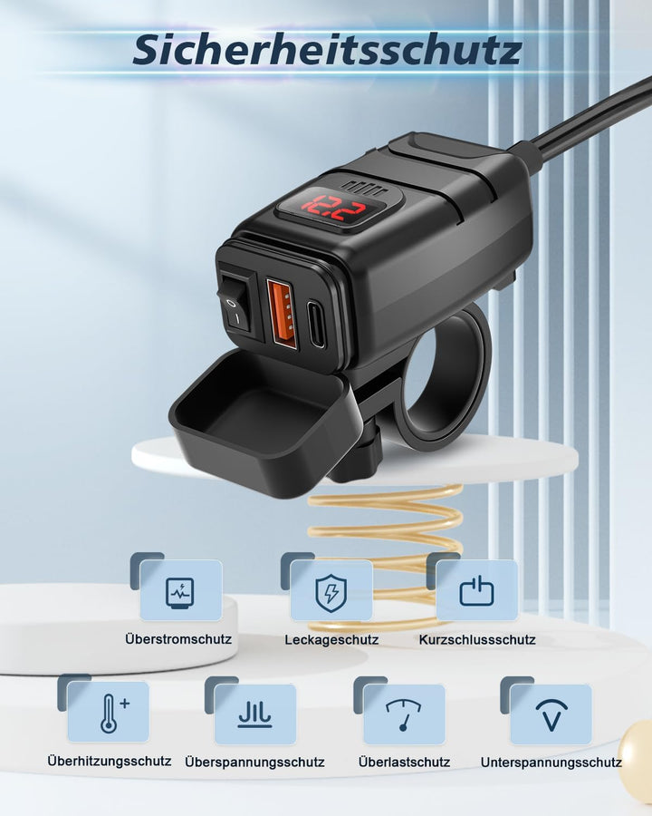 Extractme Motorrad-Handy-Ladegerät, 6,4 A Dual USB Typ C PD & Quick Charge 3.0 Motorrad USB-Ladegerä