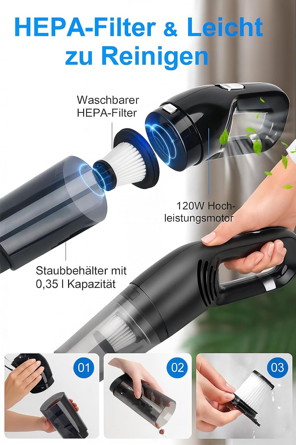 Handstaubsauger Akku mit 10.000Pa Starke Saugkraft,Kabelloser Staubsauger mit HEPA-Filter &amp; Aufsätze