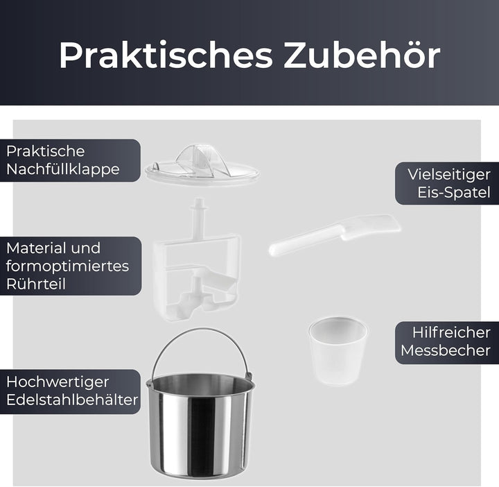 KLAMER 2-in-1 Eismaschine & Joghurtbereiter 2 L, 180 W Eiscrememaschine aus Edelstahl mit Kühl- und