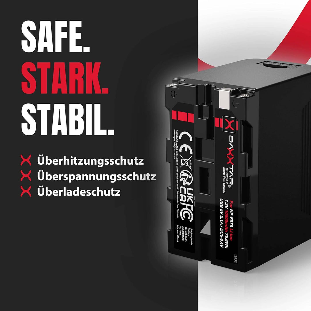 Baxxtar PRO 2X Akku NP-F970 Plus (Black Series/10500mAh) - LG Cells Inside - mit Powerbank Funktion