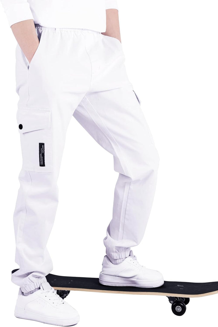 CAMLAKEE Kinder Jungen Cargohose Jogger Hose mit elastischem Bund 164-170 Weiss, 164-170 Weiss