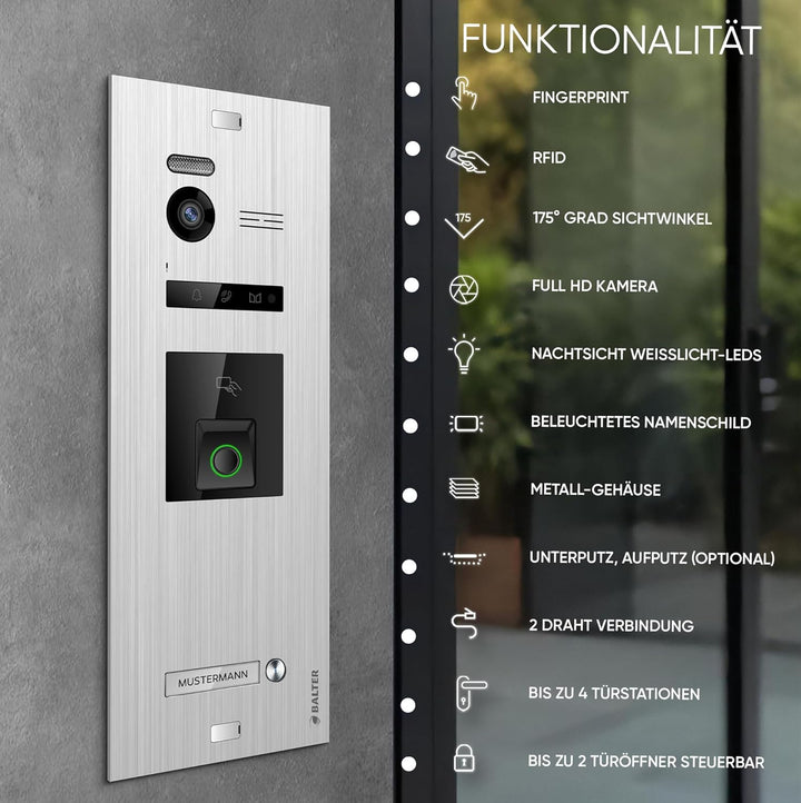 Balter EVO-HD Video Türsprechanlage mit Fingerprint, Video Türklingel, 1 Familienhaus, 2X 7 Zoll Mon