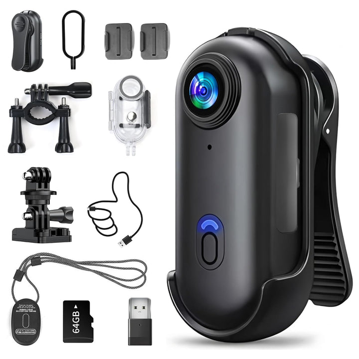Mini Action Cam 4K, Bodycam körperkamera, POV Actionkamera mit 64 GB Speicherkarte, 120° Weitwinkel,