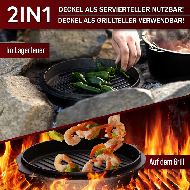 GUSSKÖNIG Dutch Oven Set [4,5L] - Eingebrannter Feuertopf mit praktischem Deckelheber und Edelstahl