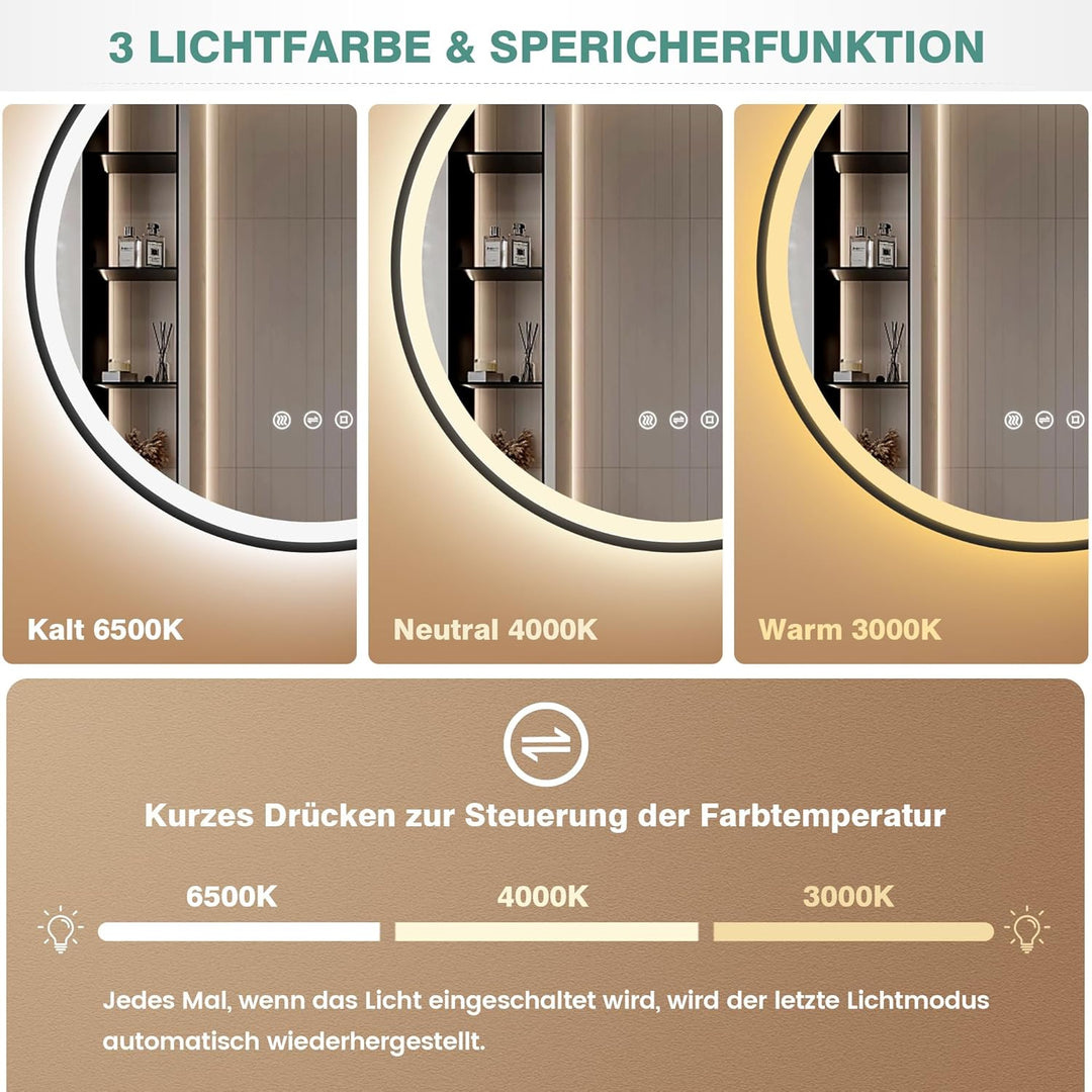 80cm Badezimmerspiegel mit Beleuchtung – Spiegel Schwarzer Rahmen, Antibeschlag, Dimmbar, 3 Lichtfar