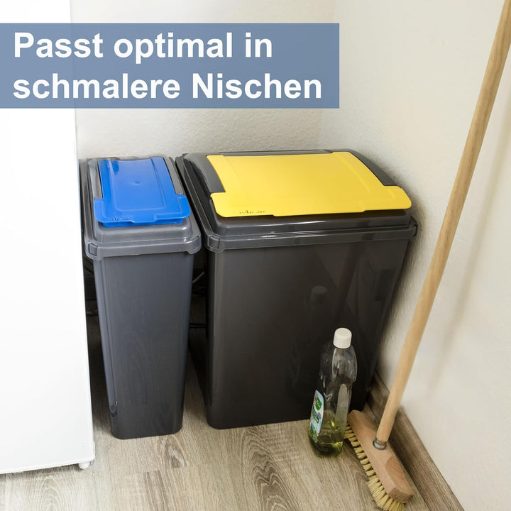 Mülltonne 3x 25 Liter Schwarz-Gelb-Grün-Blau, Mülleimer Küche, Mülleimer 3 Fächer, Mülltrennsystem 3