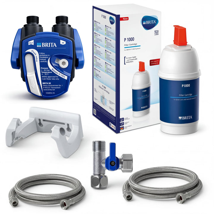 Untertisch-Wasserfilter: BRITA Filter-Kopf, BRITA Filter P1000, Flexschlauch, Eckventil-Adapter