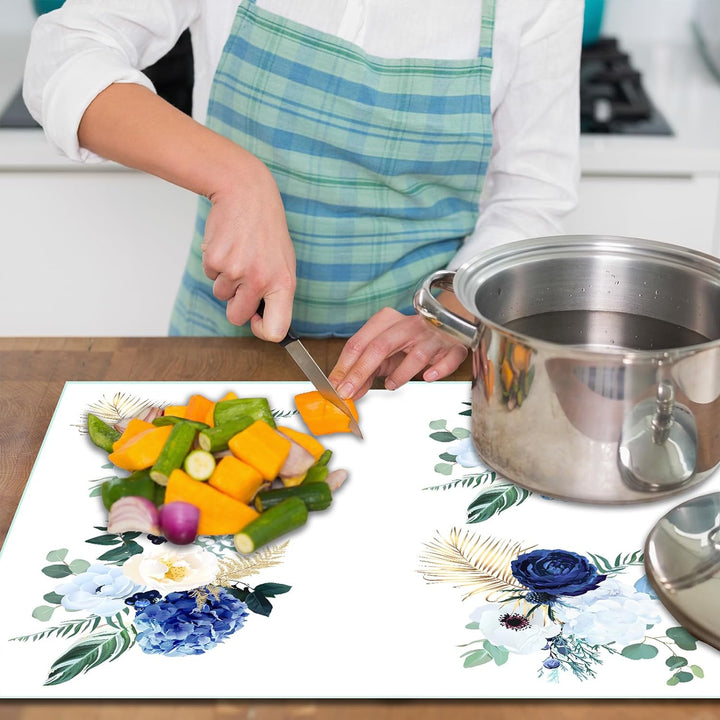 SmartDecoration Herdabdeckplatte Ceranfeldabdeckung aus Glas 60x52 cm Einteilig Motiv "Blumen" Weiss