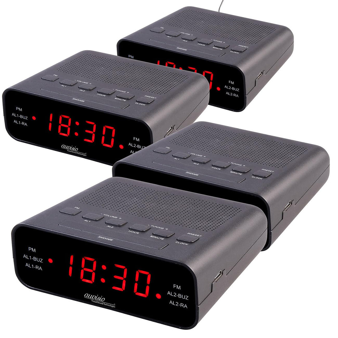 auvisio UKW-Radiowecker mit 2 Weckzeiten und LED-Anzeige, Schlummer, 4er-Set