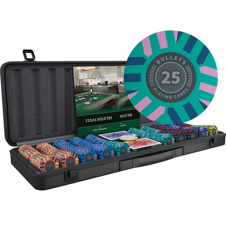 Bullets Playing Cards | Pokerkoffer „Salvatore“ mit 500 Clay Pokerchips 10g | Pokerset mit Karten, W