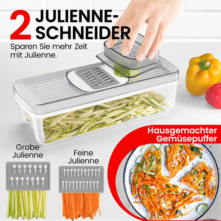 7-in-1 Gemüseschneider und Mandoline Gemüsehobel - Vertikaler Würfelschneider mit Behälter, Julienne