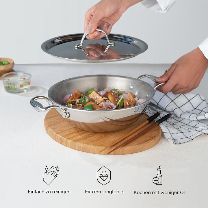 Stahl Edelstahl Triply Wok mit Deckel | Edelstahl-Kochgeschirr Triply Wok | Gas- & Induktionsboden |