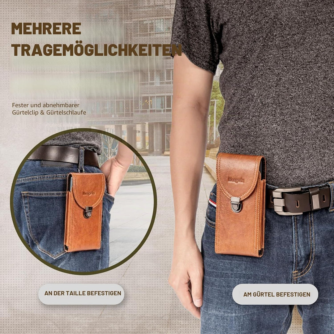 hengwin Horizontal Echtes Leder Handy Holster für iPhone 15 14 Pro Max, 14 Plus, Gürtelclip Gürtelta
