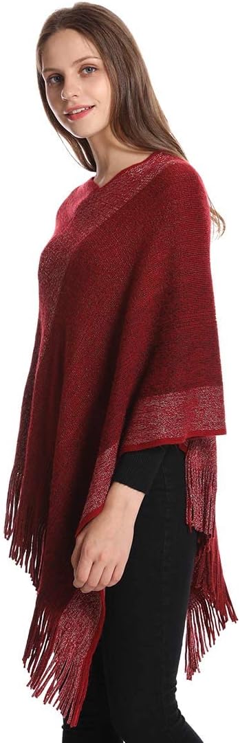 Damen-Poncho-Pullover, V-Ausschnitt, gestreift, Strickschal, Cape, Pullover mit Fransen, S-L Burgund