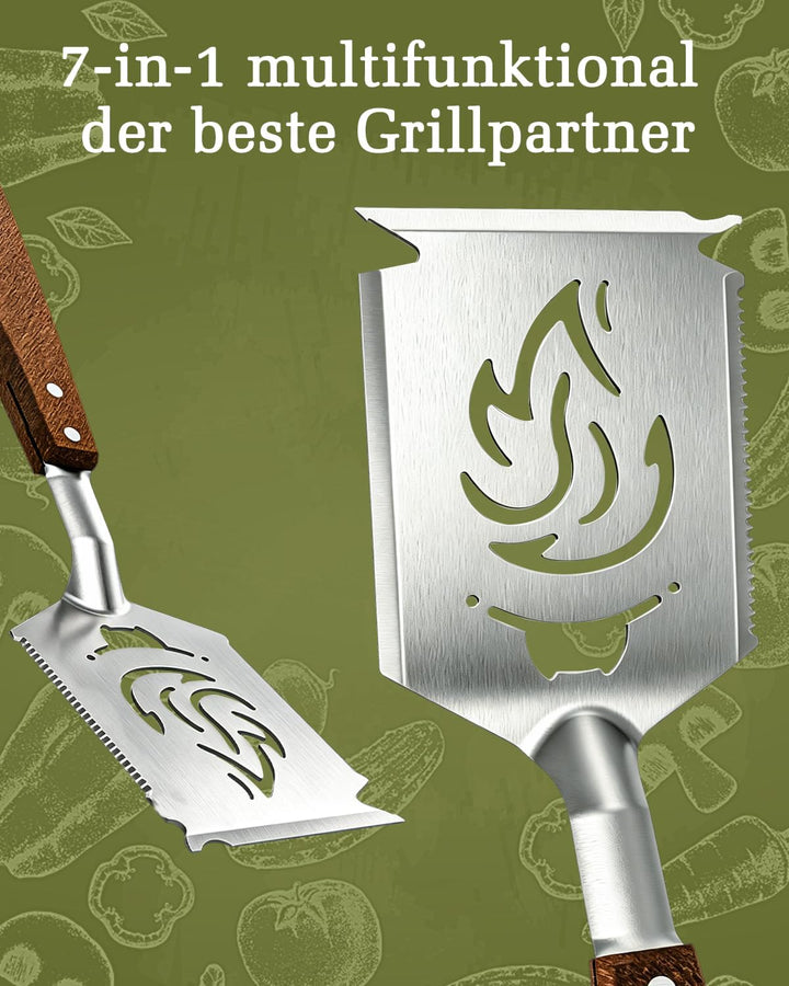 7-in-1 Grillspachtel mit Holzgriff, Multifunktion Grillwerkzeug für BBQ &amp; Camping, Funktionen des Gr